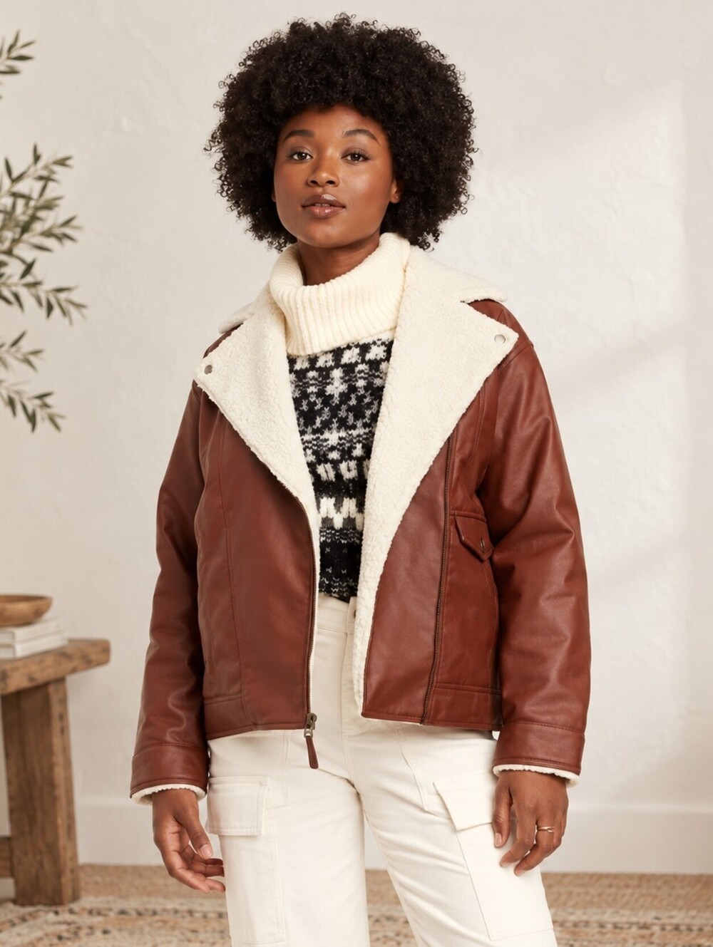 Universal Thread Faux Leather Sherpa Moto Jacket XS Brown Oversized Aviator NWOT